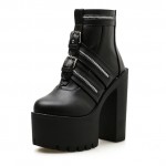 Black Buckles Punk Rock Chunky Sole Block High Heels Platforms Boots Shoes